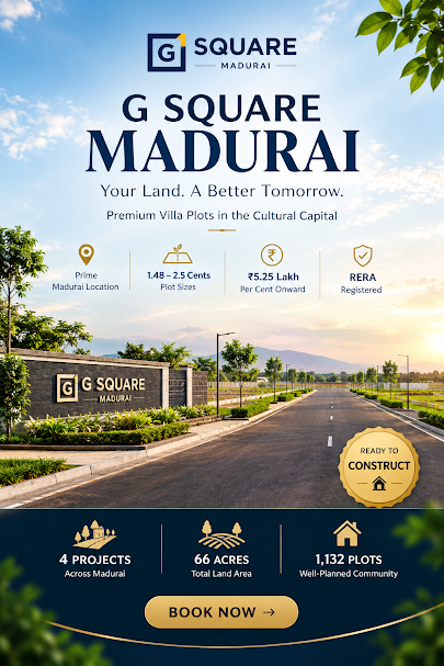 G Square Madurai plotted layout with black-top roads and streetlights